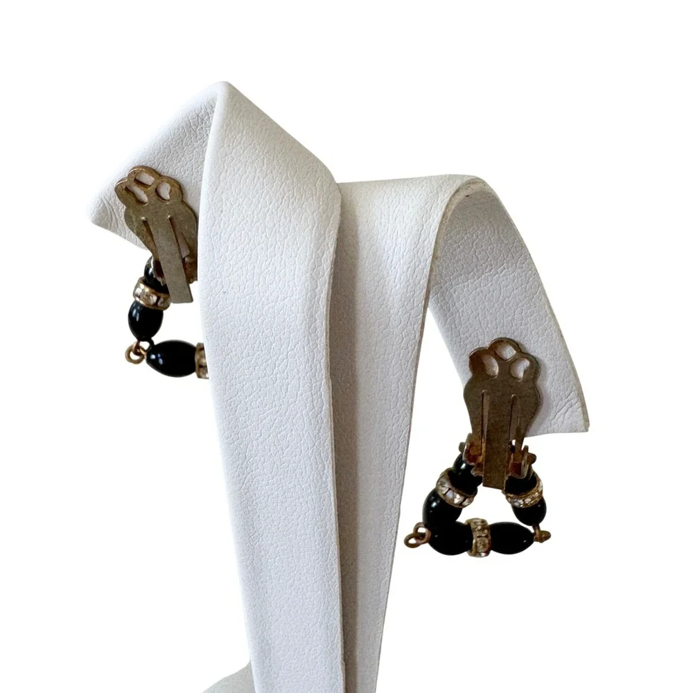 Vintage Black Bead Rhinestone Rondelle Triangle Dangling Statement Clip Earrings